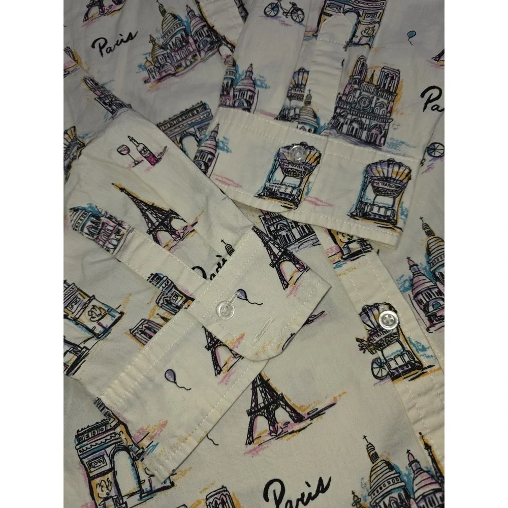 Talbots Womens White Paris Arch Eiffel Tower Notre-Dame Shirt XL Button Down